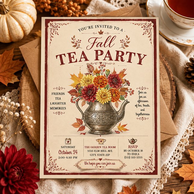 Vintage Rustic Fall Autumn Tea Party Invitation (Fall Tea Party Invitation)