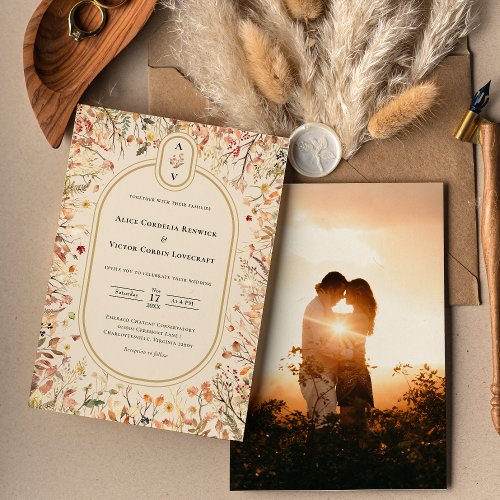 Vintage Rustic Fall Beige Wedding Monogram Photo Invitation
