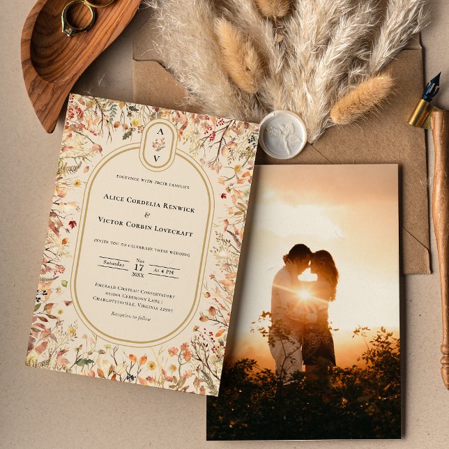 Vintage Rustic Fall Beige Wedding Monogram Photo Invitation (Creator Uploaded)