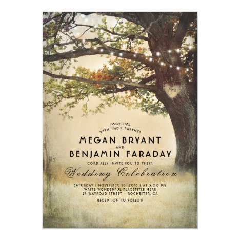 Vintage Rustic Fall Tree String of Lights Wedding Card