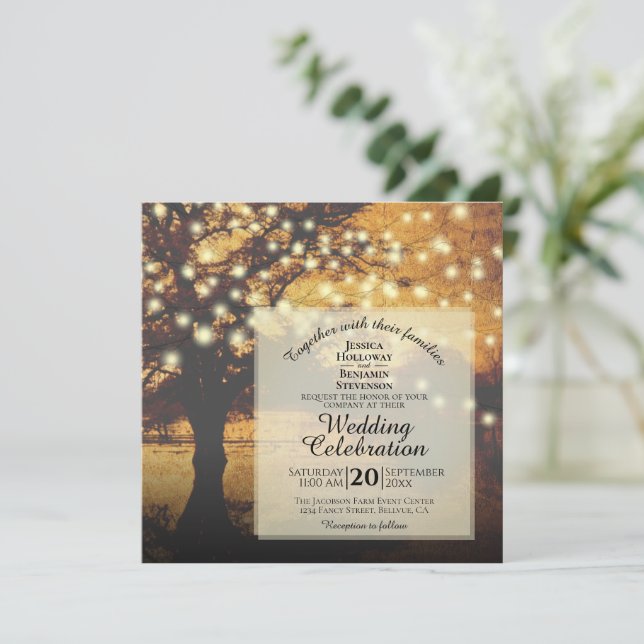 Vintage Rustic Fall Tree with Lights Wedding Invitation (Standing Front)