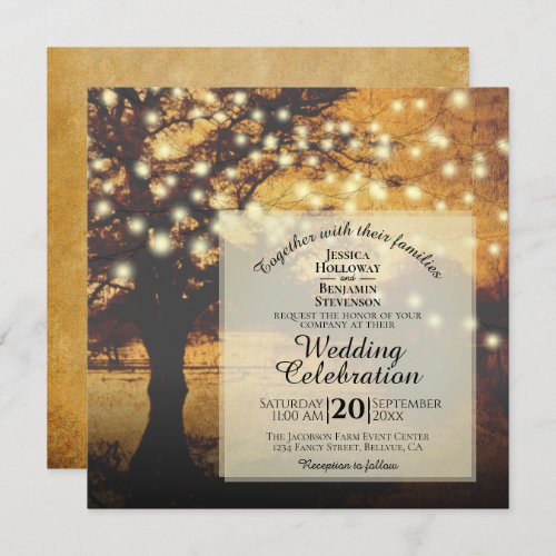 Vintage Rustic Fall Tree with Lights Wedding Invitation