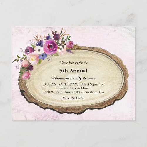 Vintage Rustic Family Reunion Floral Tree Slice Invitation Postcard