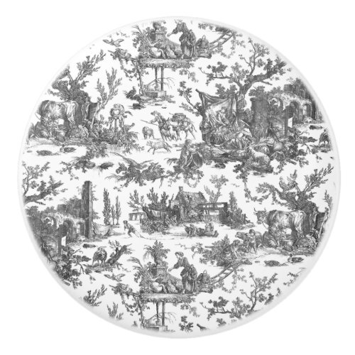 Vintage Rustic Farm French Toile_Black  White Ceramic Knob