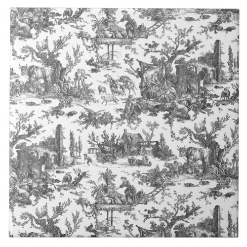 Vintage Rustic Farm French Toile_Black  White Ceramic Tile