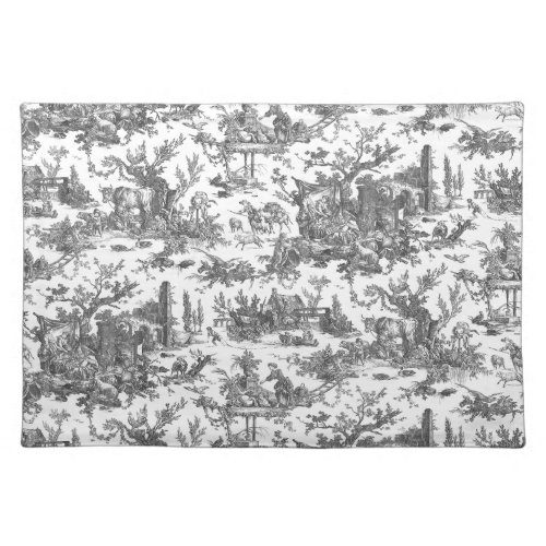 Vintage Rustic Farm French Toile_Black  White Cloth Placemat