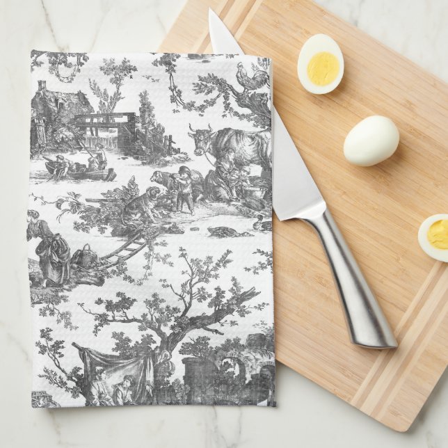Vintage Rustic Farm French Toile-Black & White Kitchen Towel (Quarter Fold)