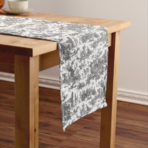 Vintage Rustic Farm French Toile-Black & White Long Table Runner