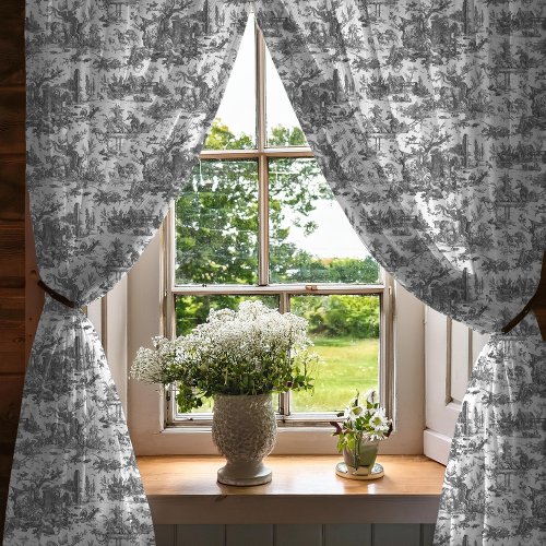 Vintage Rustic Farm French Toile_Black  White Sheer Curtains