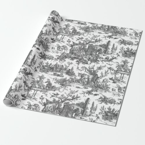 Vintage Rustic Farm French Toile_Black  White Wrapping Paper