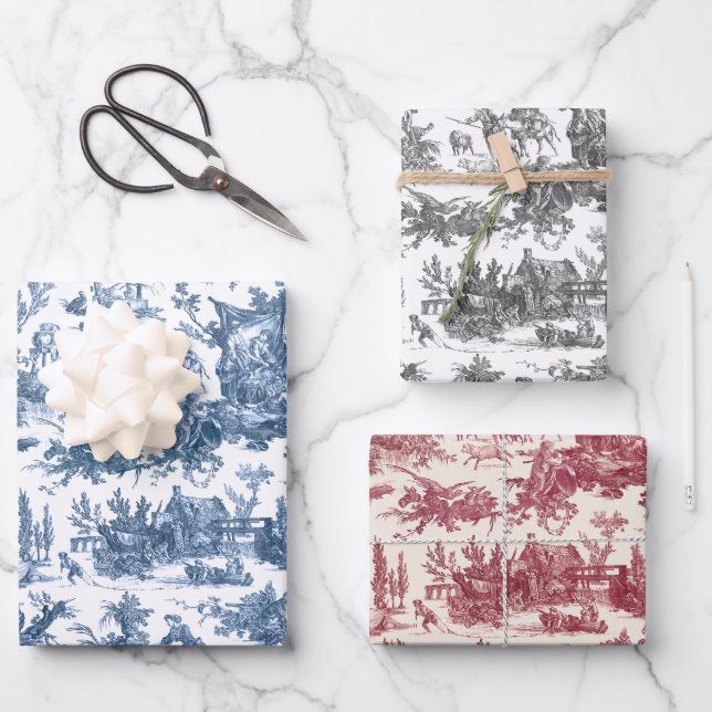 Vintage Rustic Farm French Toile-Blue, Red, Black Wrapping Paper Sheets (Front)
