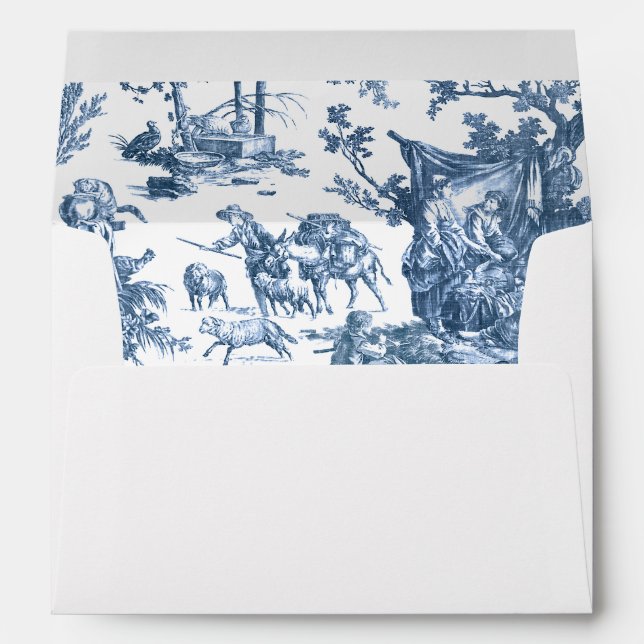 Vintage Rustic Farm French Toile-Blue & White Envelope (Back (Bottom))