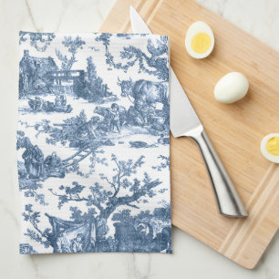 Vintage Rustic Farm French Toile-Blue & White Kitchen Towel