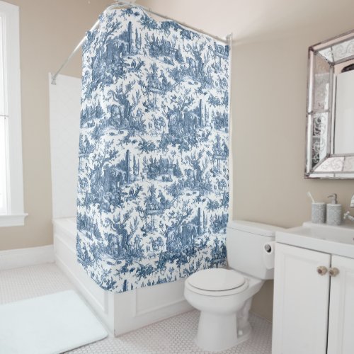 Vintage Rustic Farm French Toile_Blue  White Shower Curtain