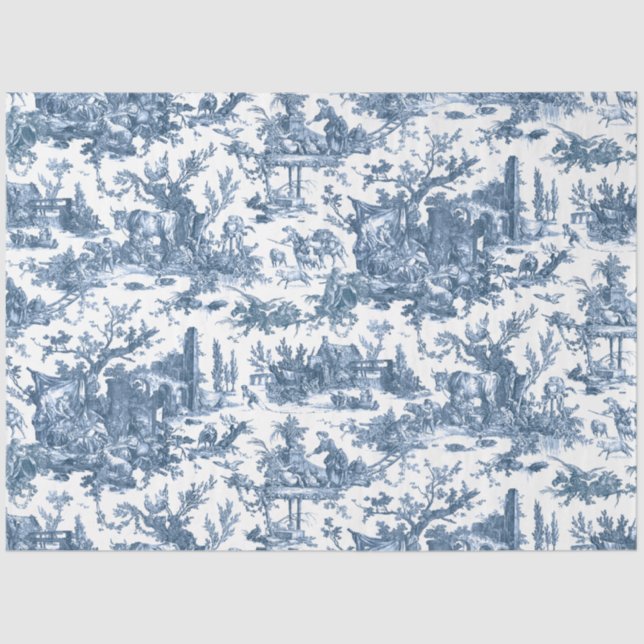 Vintage Rustic Farm French Toile-Blue & White Tissue Paper (Front)