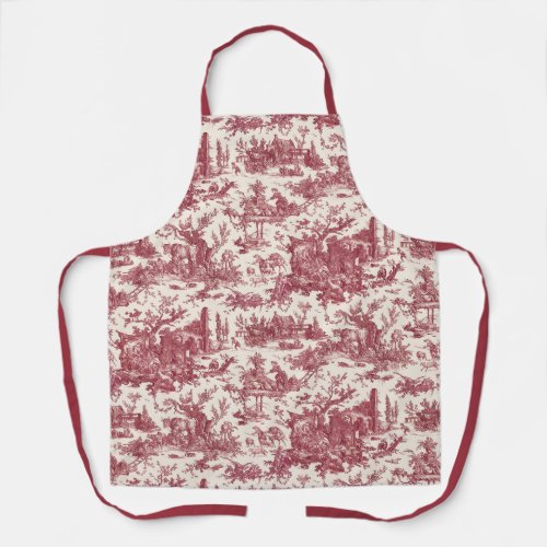 Vintage Rustic Farm French Toile_Red  Tan Apron