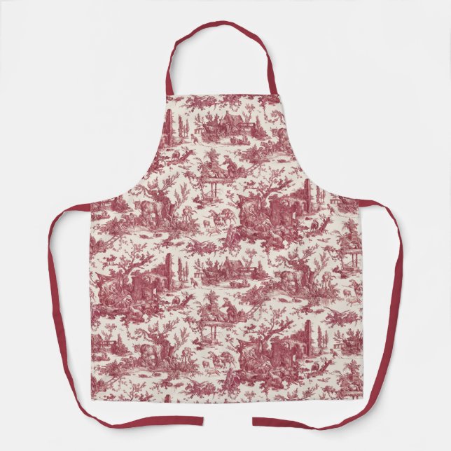 Vintage Rustic Farm French Toile-Red & Tan Apron (Front)