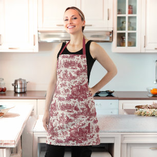 Vintage Rustic Farm French Toile-Red & Tan Apron