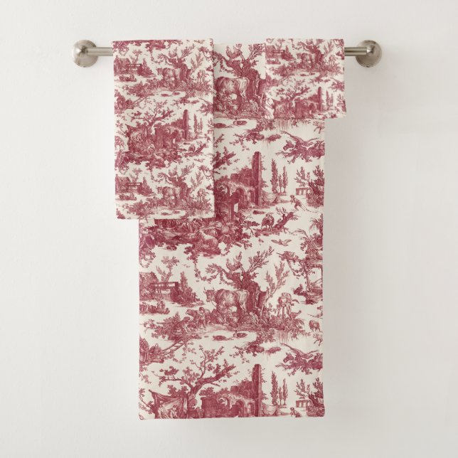 Vintage Rustic Farm French Toile-Red & Tan Bath Towel Set (Insitu)