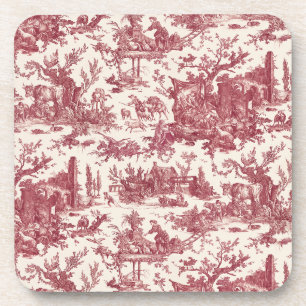 Vintage Rustic Farm French Toile-Red & Tan Beverage Coaster