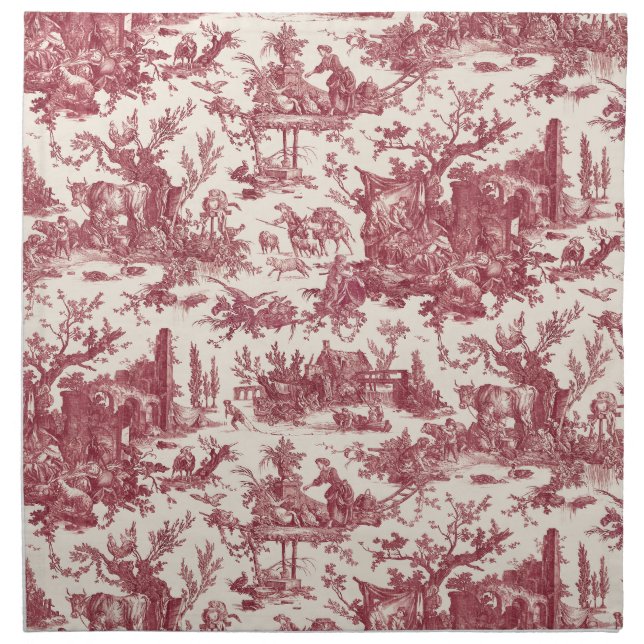 Vintage Rustic Farm French Toile-Red & Tan Cloth Napkin (Front)