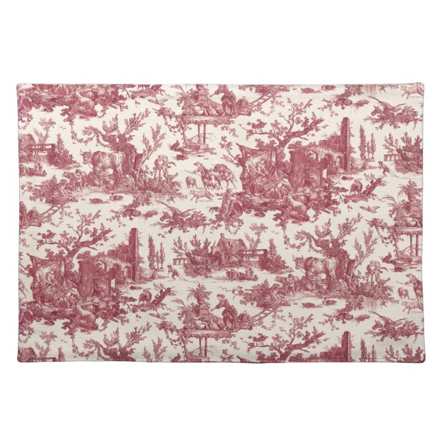 Vintage Rustic Farm French Toile-Red & Tan Cloth Placemat (Front)