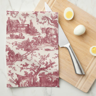 Vintage Rustic Farm French Toile-Red & Tan Kitchen Towel