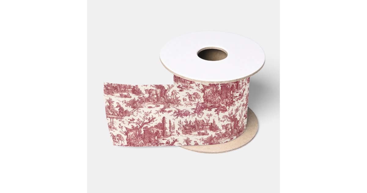 Vintage Rustic Farm French Toile-Red & Tan Satin Ribbon | Zazzle
