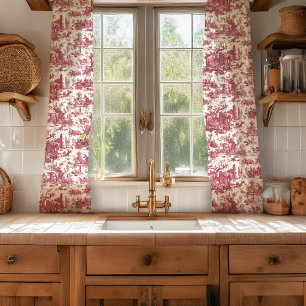 Vintage Rustic Farm French Toile-Red & Tan Sheer Curtains
