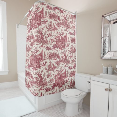 Vintage Rustic Farm French Toile_Red  Tan Shower Curtain