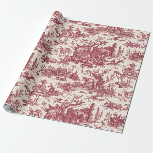 Vintage Rustic Farm French Toile_Red  Tan Wrapping Paper