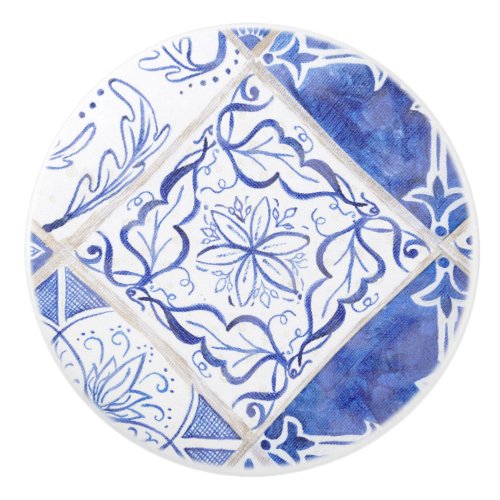 Vintage Rustic Farmhouse Leaf Blue White Tiles Ceramic Knob