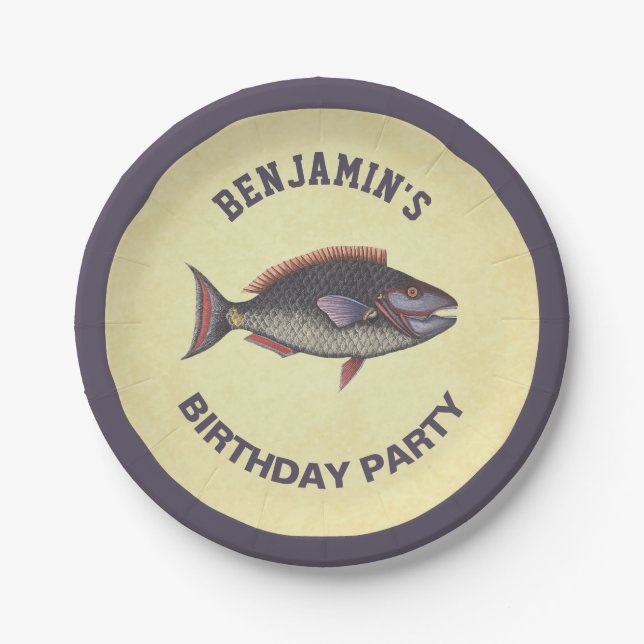 Vintage Rustic Fishing Birthday Party Paper Plates (Front)
