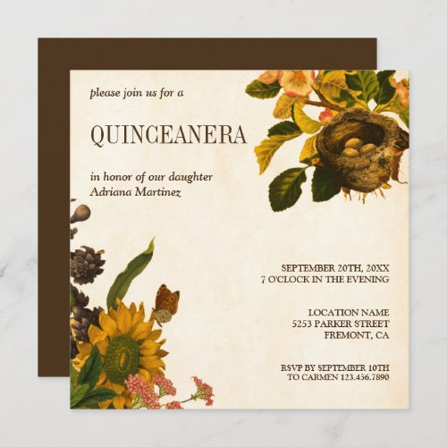 Vintage Rustic Floral Birds Nest Quinceanera Invitation