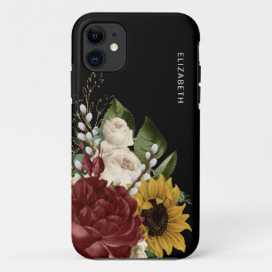 Vintage Rustic Floral Bouquet Black Custom Name iPhone 11 Case