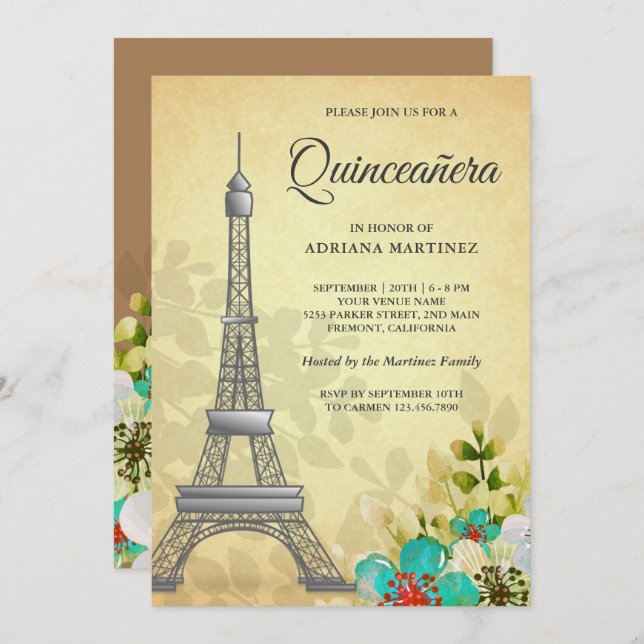Vintage Rustic Floral Eiffel Tower Quinceanera Invitation (Front/Back)