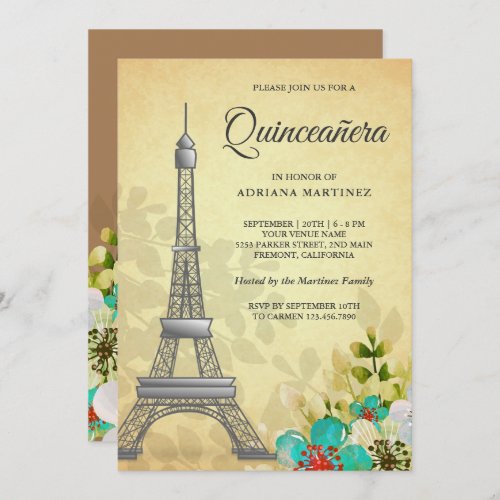 Vintage Rustic Floral Eiffel Tower Quinceanera Invitation