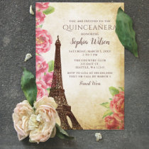 Vintage Rustic Floral Eiffel Tower Quinceañera Invitation