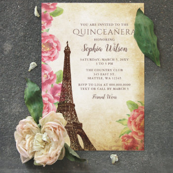 Vintage Rustic Floral Eiffel Tower Quinceañera Invitation by Invitationboutique at Zazzle