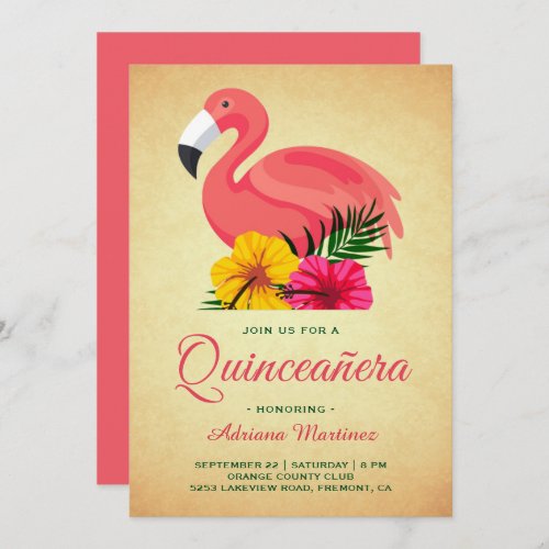 Vintage Rustic Floral Flamingo Quinceanera Invitation