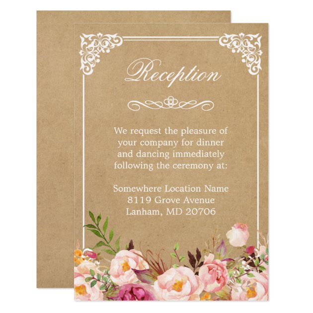 Vintage Rustic Floral Kraft | Wedding Reception Card