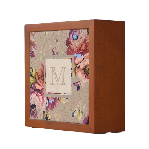 Vintage Rustic Floral Monogram Desk Organizer