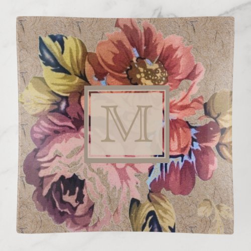 Vintage Rustic Floral Monogram Trinket Tray