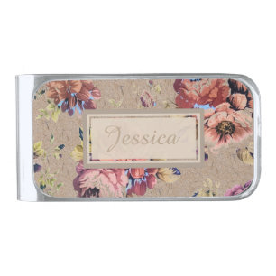 Vintage Rustic Floral Personalised Silver Finish Money Clip