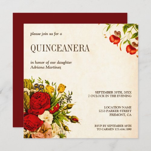 Vintage Rustic Floral Roses Bouquet Quinceanera Invitation