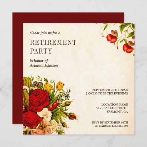 Vintage Rustic Floral Roses Retirement Party Invitation