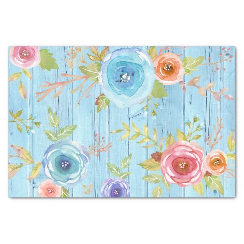 Vintage rustic floral watercolor country blue wood tissue paper