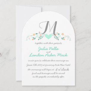 Vintage Rustic Folk Art Coral and Mint Wedding Invitation