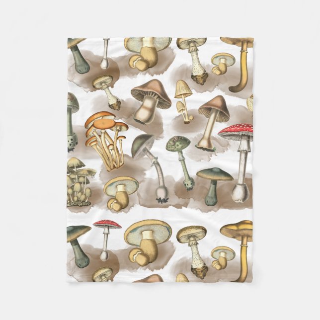 Vintage Rustic Forest Mushrooms Fleece Blanket (Front)