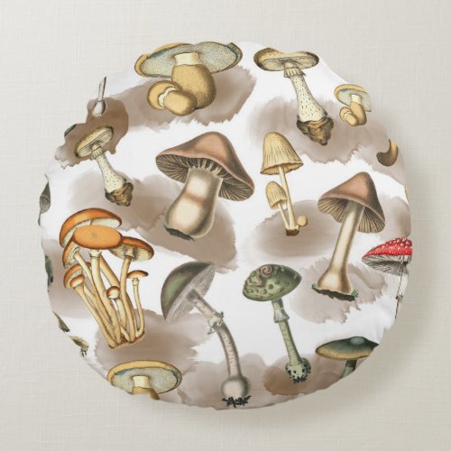 Vintage Rustic Forest Mushrooms Round Pillow